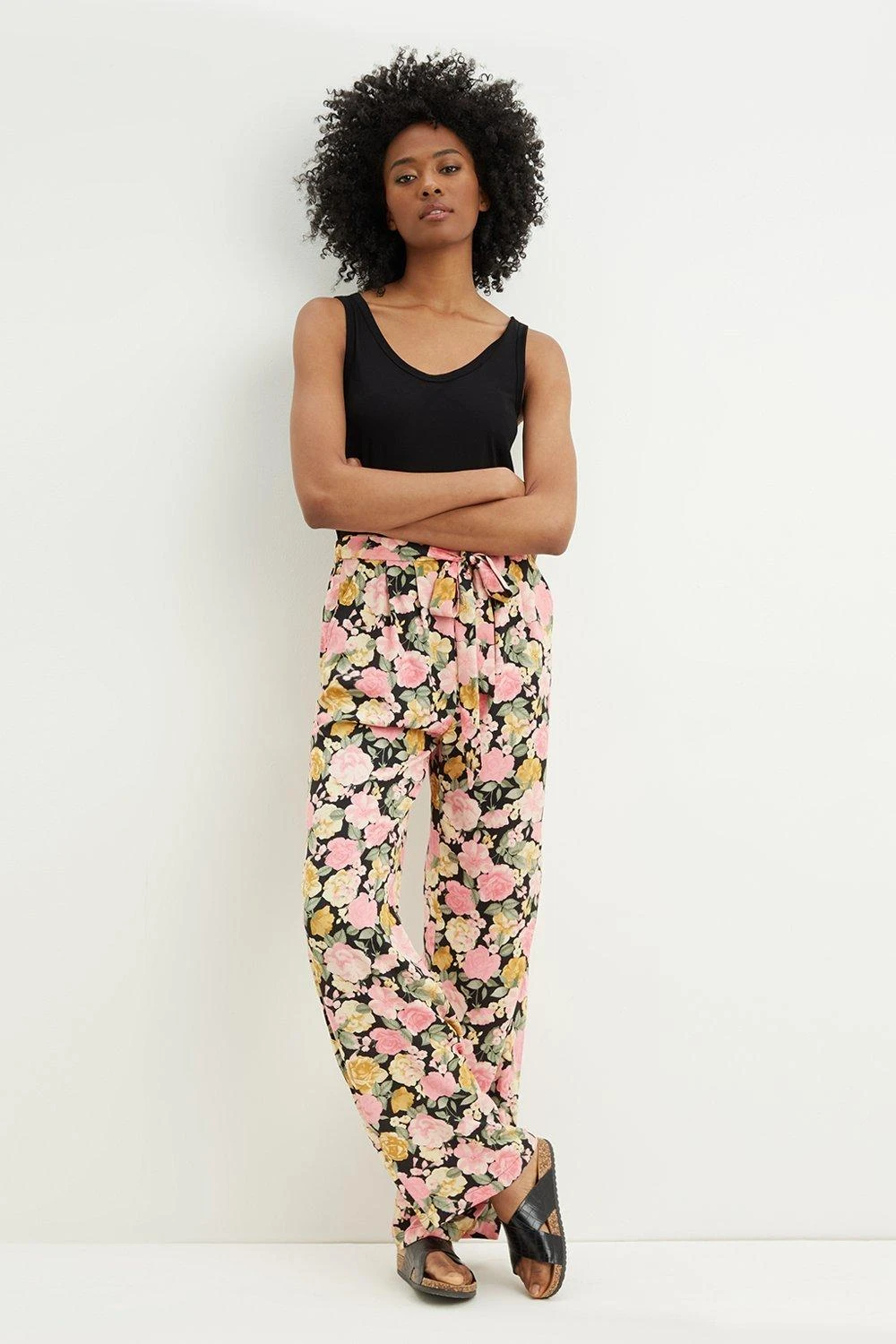 Dorothy Perkins Tall Black Floral Tie Waist Wide Leg Trousers 4 Dorothy Perkins Tall Black Floral Tie Waist Wide Leg Trousers - Image 2