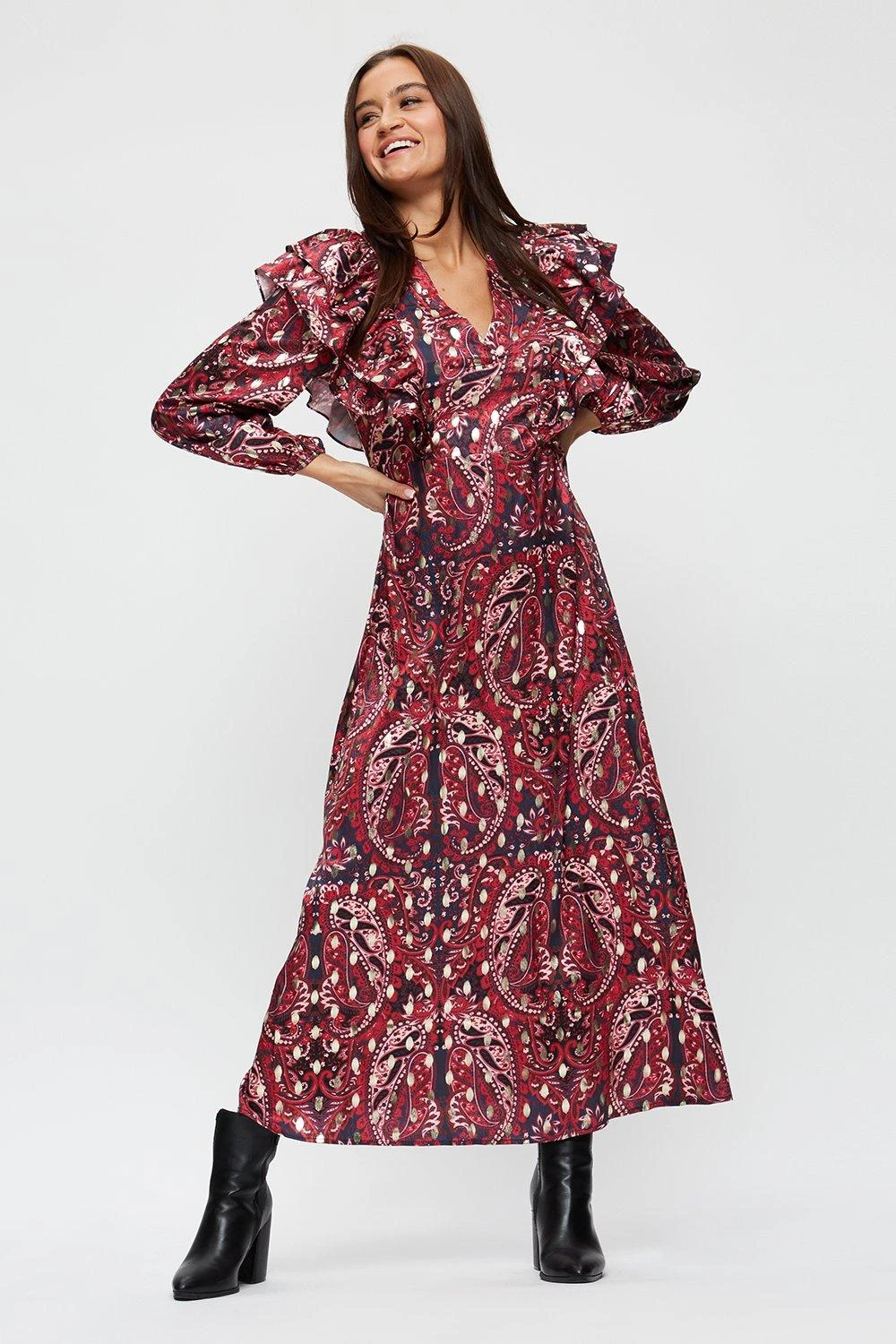 Dorothy Perkins Gold Foil Pink Tapestry Ruffle Front Midaxi Dress 3 Dorothy Perkins Gold Foil Pink Tapestry Ruffle Front Midaxi Dress