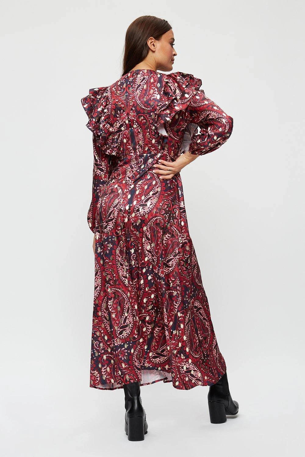 Dorothy Perkins Gold Foil Pink Tapestry Ruffle Front Midaxi Dress 5 Dorothy Perkins Gold Foil Pink Tapestry Ruffle Front Midaxi Dress - Image 3
