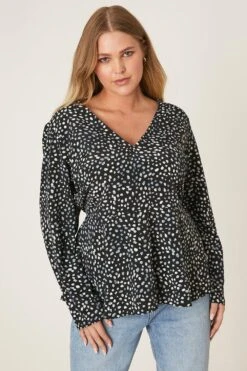 Dorothy Perkins Curve Blue Spot V Neck Long Sleeve Blouse