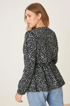 Dorothy Perkins Curve Blue Spot V Neck Long Sleeve Blouse -Perkindo Store bqq07916 black xl 2