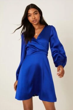 Dorothy Perkins Blue Satin Wrap Mini Dress