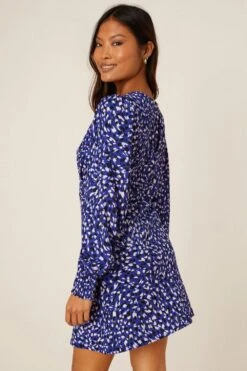 Dorothy Perkins Petite Blue Printed Shirred Cuff Mini Dress -Perkindo Store bqq08236 blue xl 2