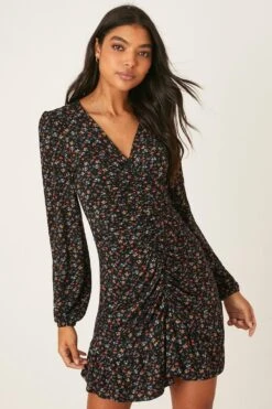 Dorothy Perkins Ruched Front Long Sleeve Ditsy Mini Dress