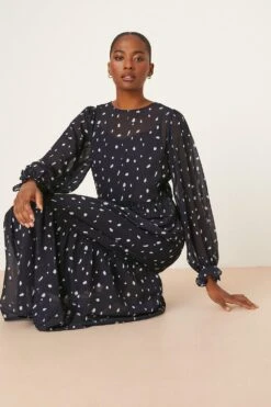 Dorothy Perkins Tall Chiffon Navy Spot Tiered Midi Dress -Perkindo Store bqq08470 navy xl 1