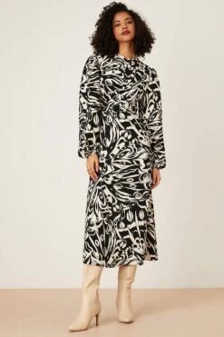 Dorothy Perkins Mono Print High Neck Ruched Midi Dress