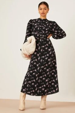 Dorothy Perkins Petite Ditsy Ruched High Neck Midi Dress 8 Dorothy Perkins Petite Ditsy Ruched High Neck Midi Dress -Perkindo Store bqq08726 black xl 1