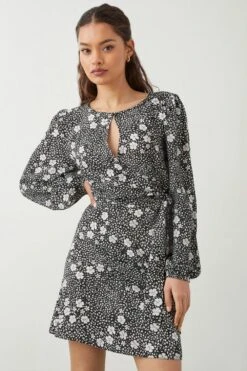 Dorothy Perkins Petite Tie Front Ditsy Long Sleeve Mini Dress -Perkindo Store bqq08812 mono xl 1