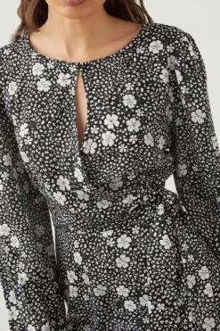 Dorothy Perkins Petite Tie Front Ditsy Long Sleeve Mini Dress -Perkindo Store bqq08812 mono xl 3