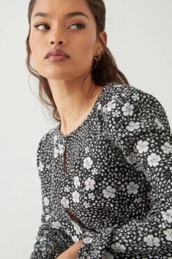 Dorothy Perkins Petite Tie Front Ditsy Long Sleeve Mini Dress -Perkindo Store bqq08812 mono xl 4