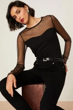 Dorothy Perkins Tall Mesh Yoke Sweetheart Long Sleeve Top