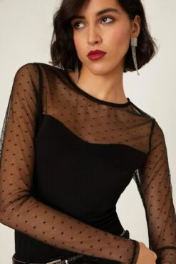 Dorothy Perkins Tall Mesh Yoke Sweetheart Long Sleeve Top -Perkindo Store bqq09053 black xl 3