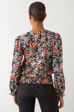 Dorothy Perkins Floral Shirred Hem V Neck Blouse 8 Dorothy Perkins Floral Shirred Hem V Neck Blouse -Perkindo Store bqq09087 black xl 2