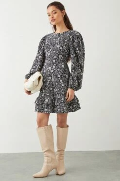 Dorothy Perkins Petite Black Paisley Ruffle Hem Mini Dress -Perkindo Store bqq09153 black xl 1