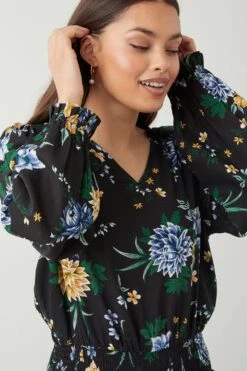 Dorothy Perkins Petite Floral Shirred Hem V Neck Blouse 9 Dorothy Perkins Petite Floral Shirred Hem V Neck Blouse -Perkindo Store bqq09166 black xl 3