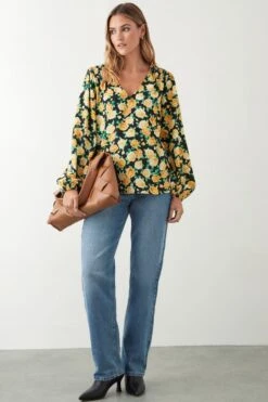 Dorothy Perkins Yellow Floral Shirred Detail Blouse -Perkindo Store bqq09167 black xl 1