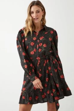 Dorothy Perkins Black Spot Floral Belted Mini Shirt Dress
