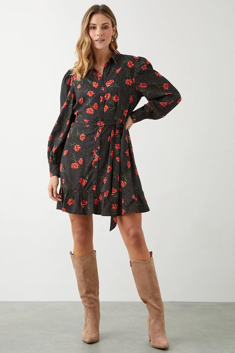 Dorothy Perkins Black Spot Floral Belted Mini Shirt Dress 4 Dorothy Perkins Black Spot Floral Belted Mini Shirt Dress - Image 2