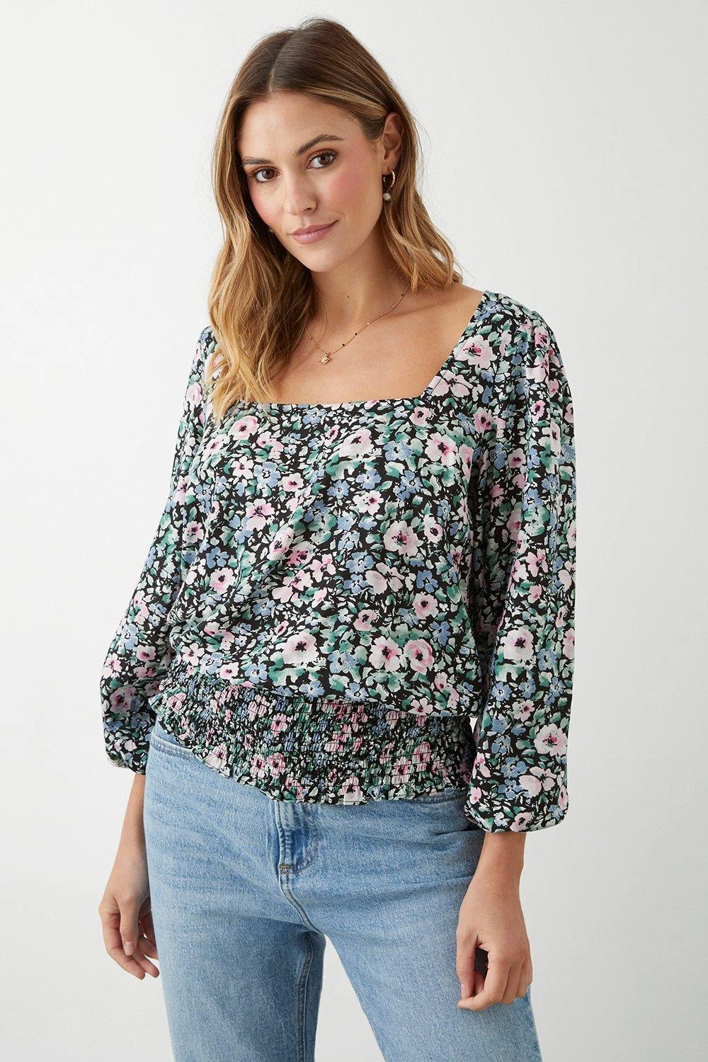 Dorothy Perkins Multi Floral Square Neck Shirred Hem Blouse 3 Dorothy Perkins Multi Floral Square Neck Shirred Hem Blouse