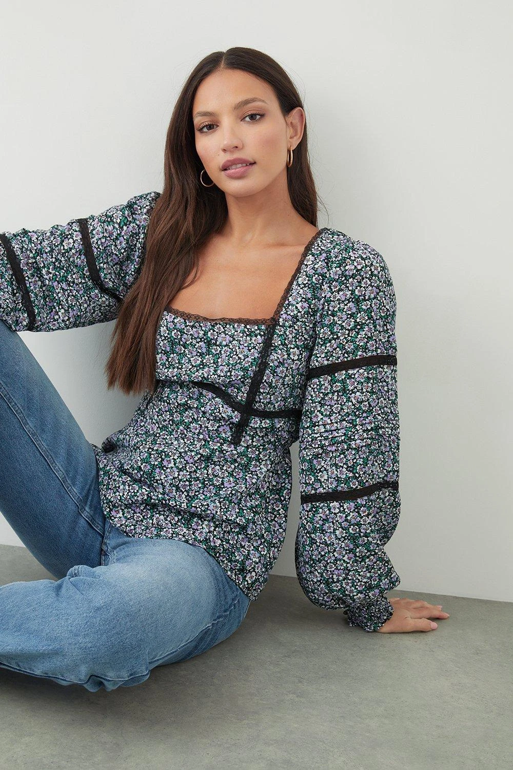 Dorothy Perkins Tall Blue Ditsy Lace Trim Blouse 3 Dorothy Perkins Tall Blue Ditsy Lace Trim Blouse