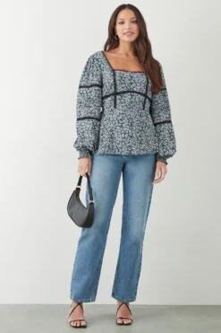 Dorothy Perkins Tall Blue Ditsy Lace Trim Blouse 7 Dorothy Perkins Tall Blue Ditsy Lace Trim Blouse -Perkindo Store bqq09382 black xl 1