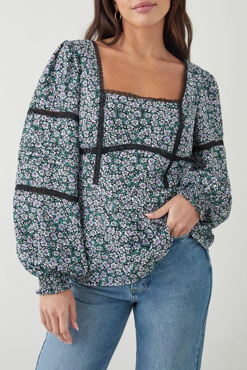 Dorothy Perkins Tall Blue Ditsy Lace Trim Blouse 6 Dorothy Perkins Tall Blue Ditsy Lace Trim Blouse - Image 4