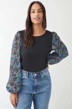 Dorothy Perkins Blue Floral Chiffon Contrast Sleeve Blouse