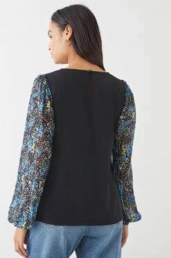 Dorothy Perkins Blue Floral Chiffon Contrast Sleeve Blouse -Perkindo Store bqq09446 blue xl 2