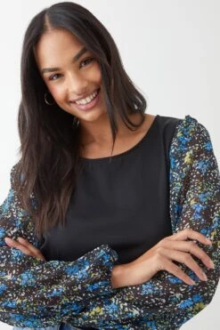 Dorothy Perkins Blue Floral Chiffon Contrast Sleeve Blouse -Perkindo Store bqq09446 blue xl 3