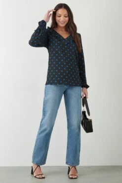 Dorothy Perkins Tall Blue Spot Frill Neck Blouse -Perkindo Store bqq09453 black xl 1