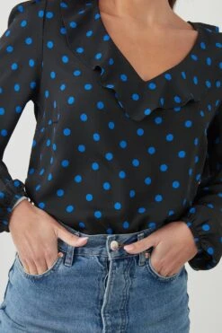 Dorothy Perkins Tall Blue Spot Frill Neck Blouse -Perkindo Store bqq09453 black xl 3