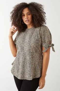 Dorothy Perkins Curve Camel Spot Tie Sleeve Top