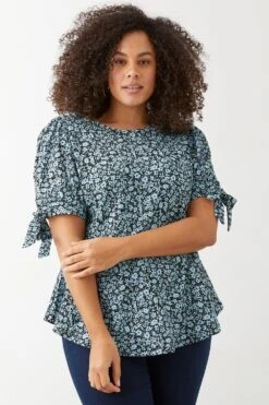 Dorothy Perkins Curve Blue Floral Tie Sleeve Top