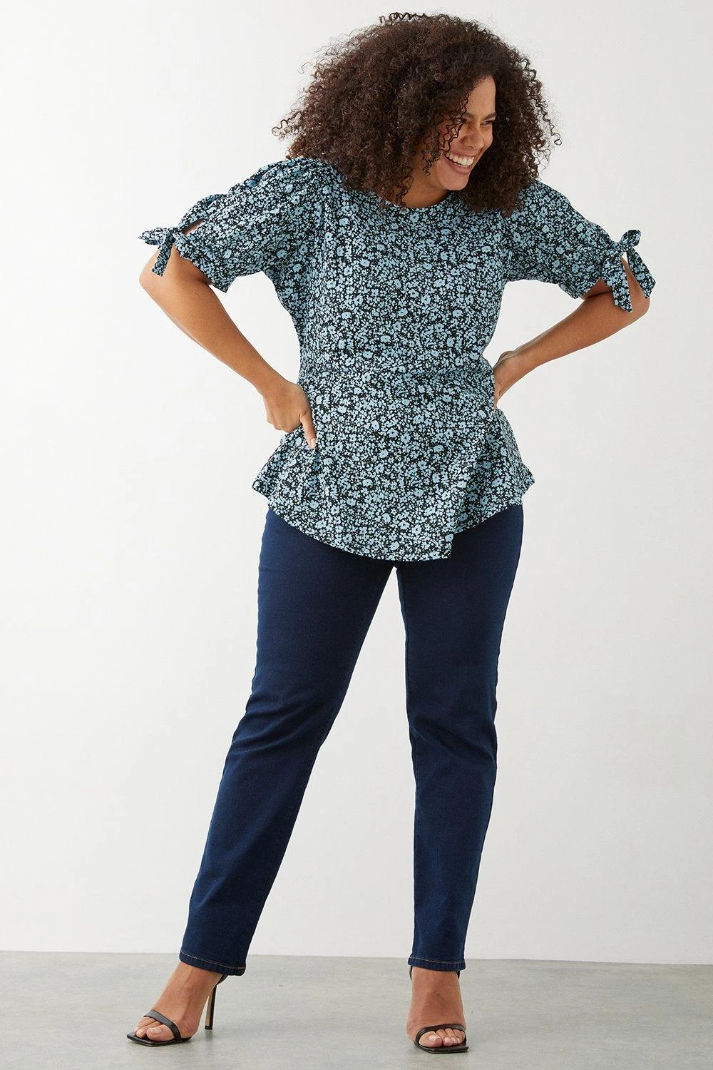Dorothy Perkins Curve Blue Floral Tie Sleeve Top 4 Dorothy Perkins Curve Blue Floral Tie Sleeve Top - Image 2