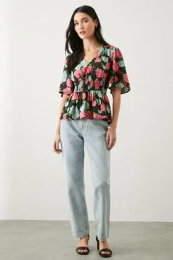 Dorothy Perkins Multi Floral Shirred Waist Tea Blouse
