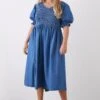 Dorothy Perkins Curve V Neck Denim Shirred Midi Dress -Perkindo Store bqq09691 mid20wash xl