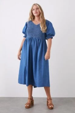 Dorothy Perkins Curve V Neck Denim Shirred Midi Dress