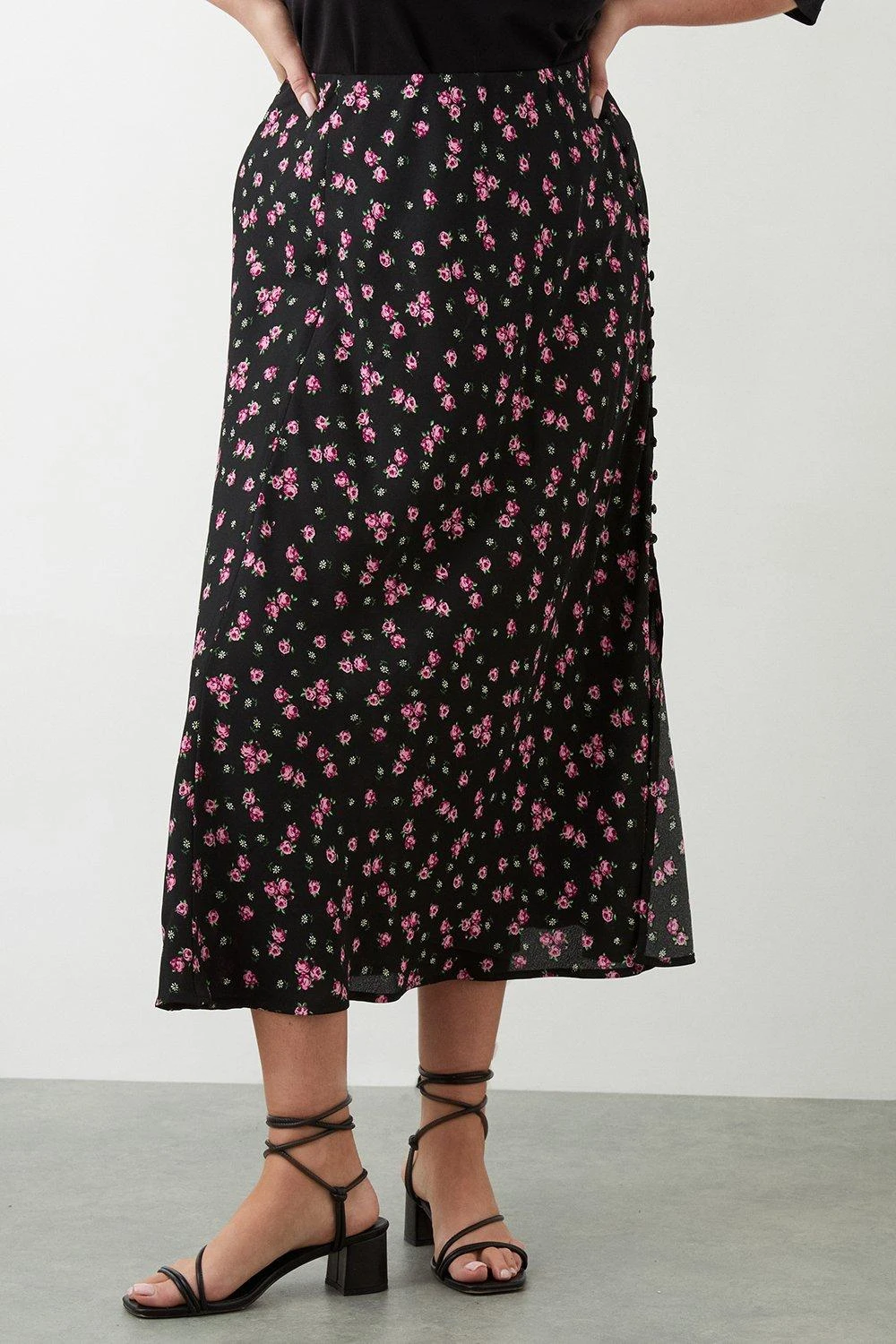 Dorothy Perkins Curve Black Floral Split Midi Skirt 3 Dorothy Perkins Curve Black Floral Split Midi Skirt