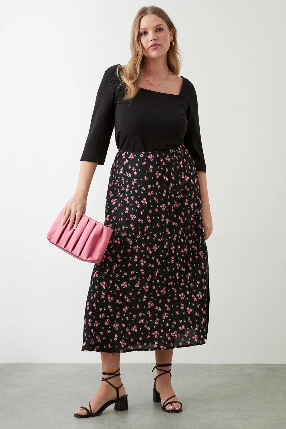 Dorothy Perkins Curve Black Floral Split Midi Skirt 4 Dorothy Perkins Curve Black Floral Split Midi Skirt - Image 2