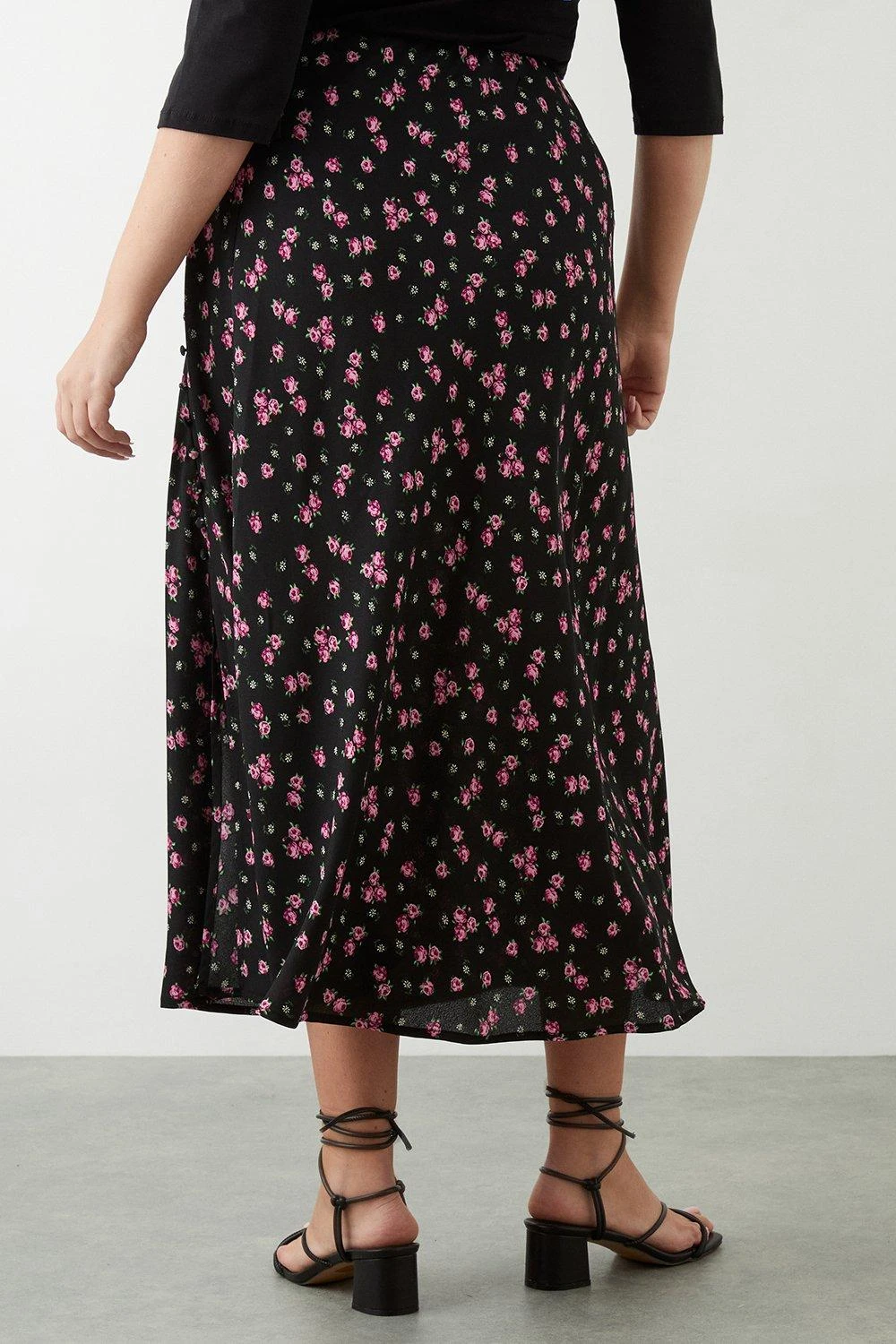 Dorothy Perkins Curve Black Floral Split Midi Skirt 5 Dorothy Perkins Curve Black Floral Split Midi Skirt - Image 3