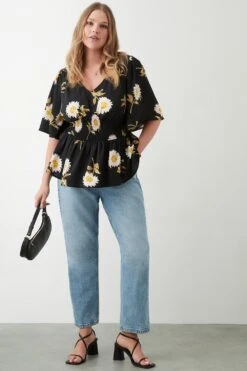 Dorothy Perkins Curve Daisy Floral Shirred Waist Blouse 7 Dorothy Perkins Curve Daisy Floral Shirred Waist Blouse -Perkindo Store bqq09702 black xl 1