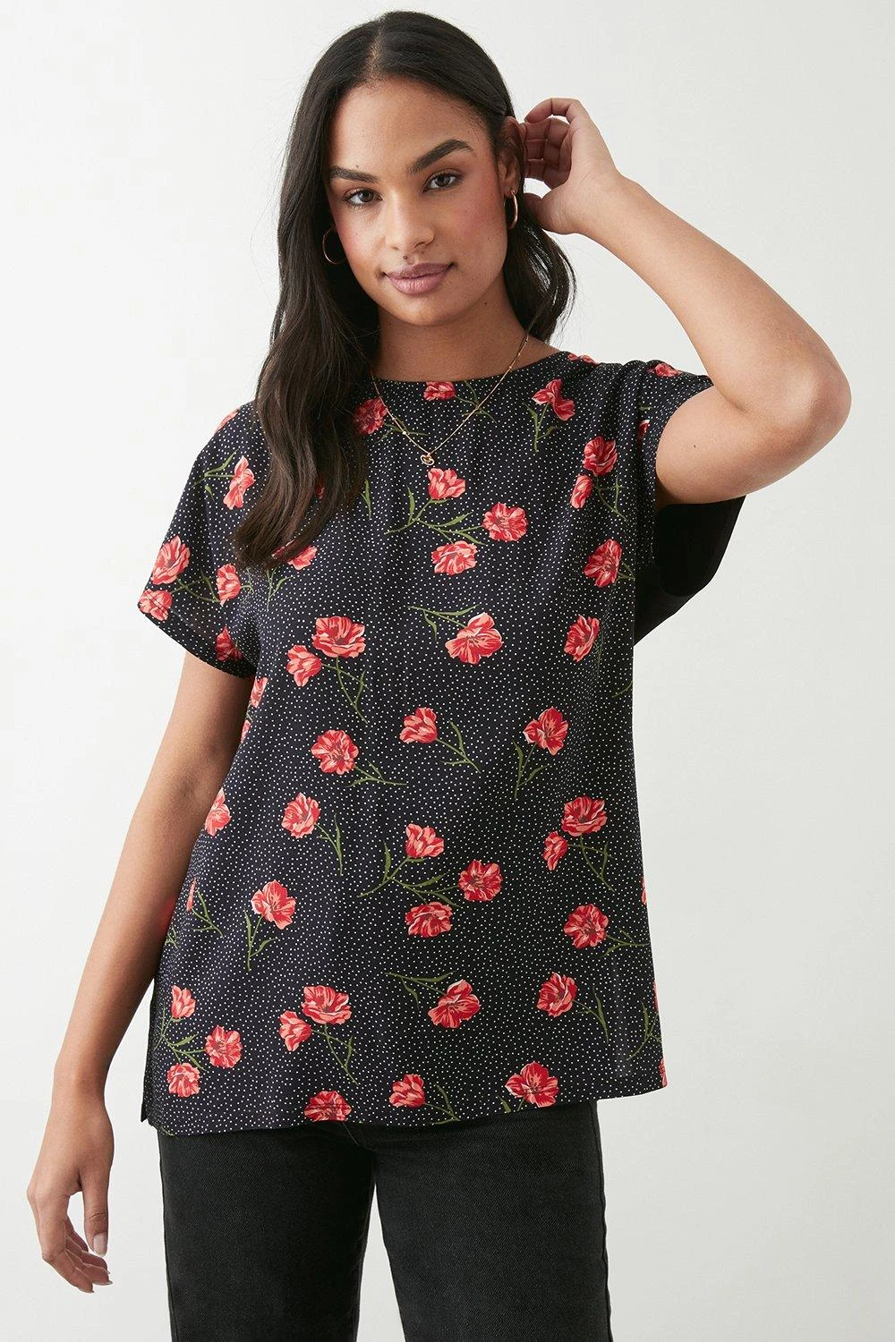 Dorothy Perkins Red Floral Short Sleeve Top 2 Dorothy Perkins Red Floral Short Sleeve Top
