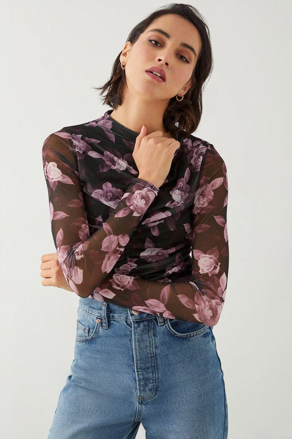 Dorothy Perkins Tall Floral Mesh Ruched Body Crew Neck Top 3 Dorothy Perkins Tall Floral Mesh Ruched Body Crew Neck Top