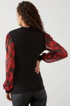 Dorothy Perkins Tall Printed Volume Mesh Sleeve Top -Perkindo Store bqq09861 mono xl 2