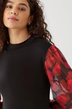 Dorothy Perkins Tall Printed Volume Mesh Sleeve Top -Perkindo Store bqq09861 mono xl 3