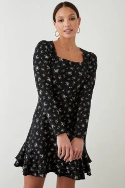 Dorothy Perkins Black Ditsy Ruffle Hem Mini Dress