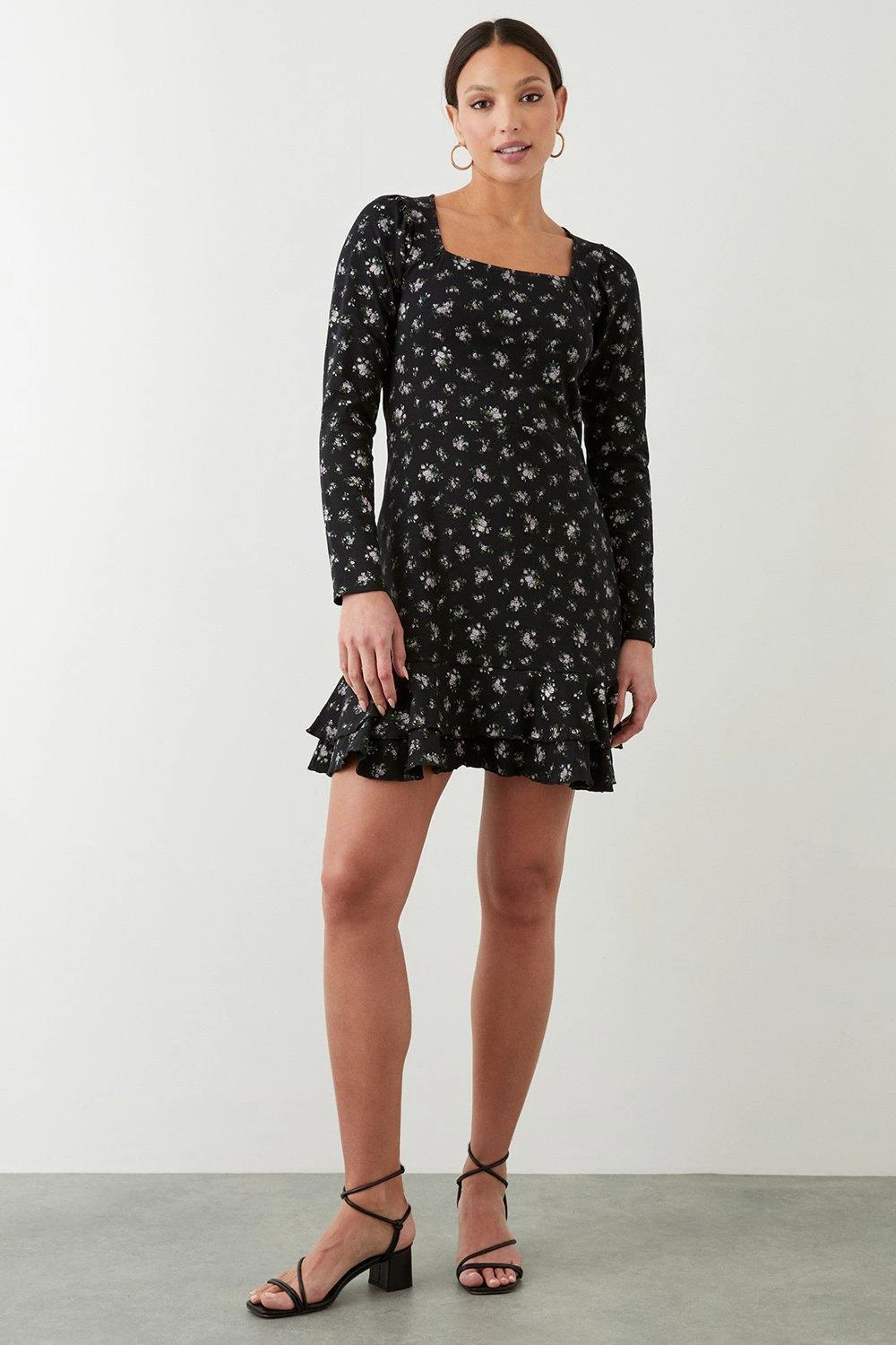 Dorothy Perkins Black Ditsy Ruffle Hem Mini Dress 4 Dorothy Perkins Black Ditsy Ruffle Hem Mini Dress - Image 2