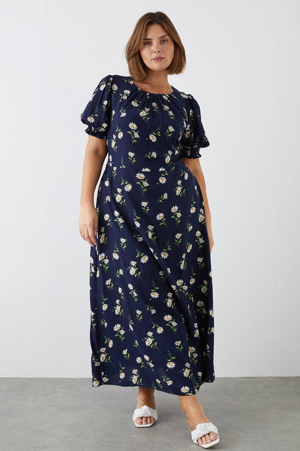 Dorothy Perkins Curve Navy Daisy Shirred Empire Midi Dress 2 Dorothy Perkins Curve Navy Daisy Shirred Empire Midi Dress