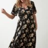 Dorothy Perkins Curve Mono Floral Angel Sleeve Midi Dress -Perkindo Store bqq09889 black xl