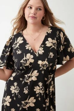 Dorothy Perkins Curve Mono Floral Angel Sleeve Midi Dress 10 Dorothy Perkins Curve Mono Floral Angel Sleeve Midi Dress -Perkindo Store bqq09889 black xl 3